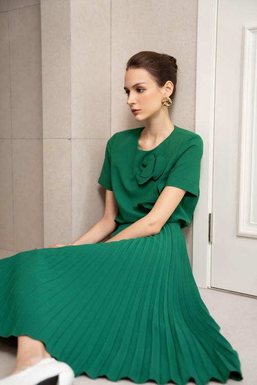 Sixdo Green Pleated Woven Flared Skirt